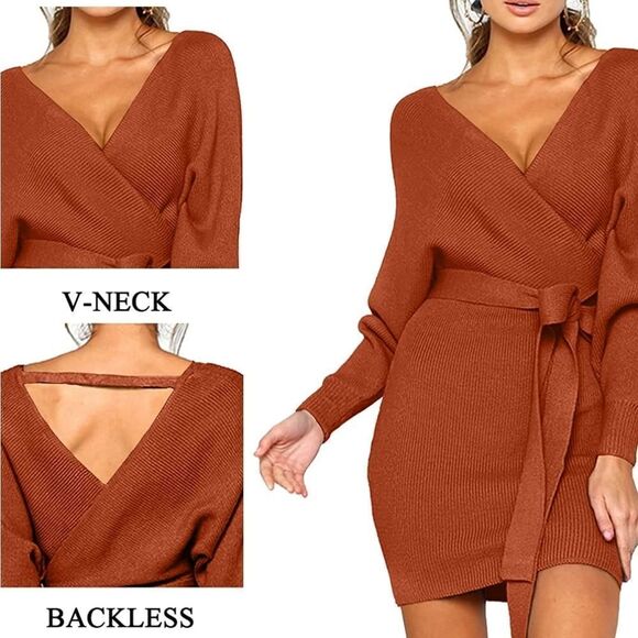 NWT CHERFLY Women's V Neck Sweater Dress Batwing Long Sleeve Backless Mi… - Picture 4 of 7